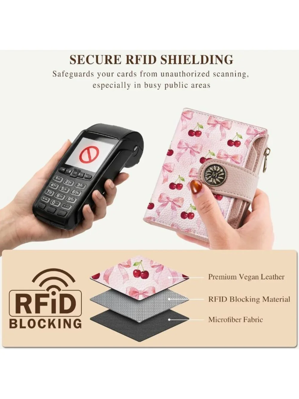 Cute Cherry Bow Wallet - Compact RFID Bifold Purse with Coin Pocket & Card Slots